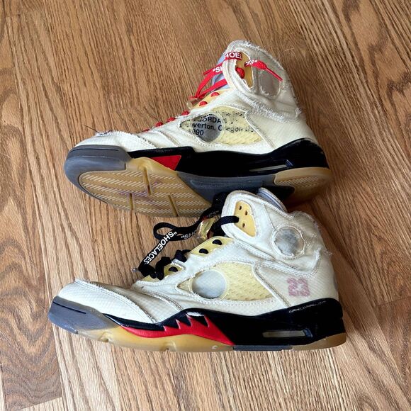 NIKE AIR JORDAN V 5 RETRO SP X OFF-WHITE SAIL MUSLIN FIRE RED BLACK SNEAKERS 9 - Picture 10 of 14